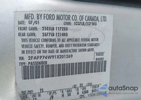 2001 Ford Crown Victoria Lx z USA, uszkodzony, nr VIN 2FAFP74W91X201269